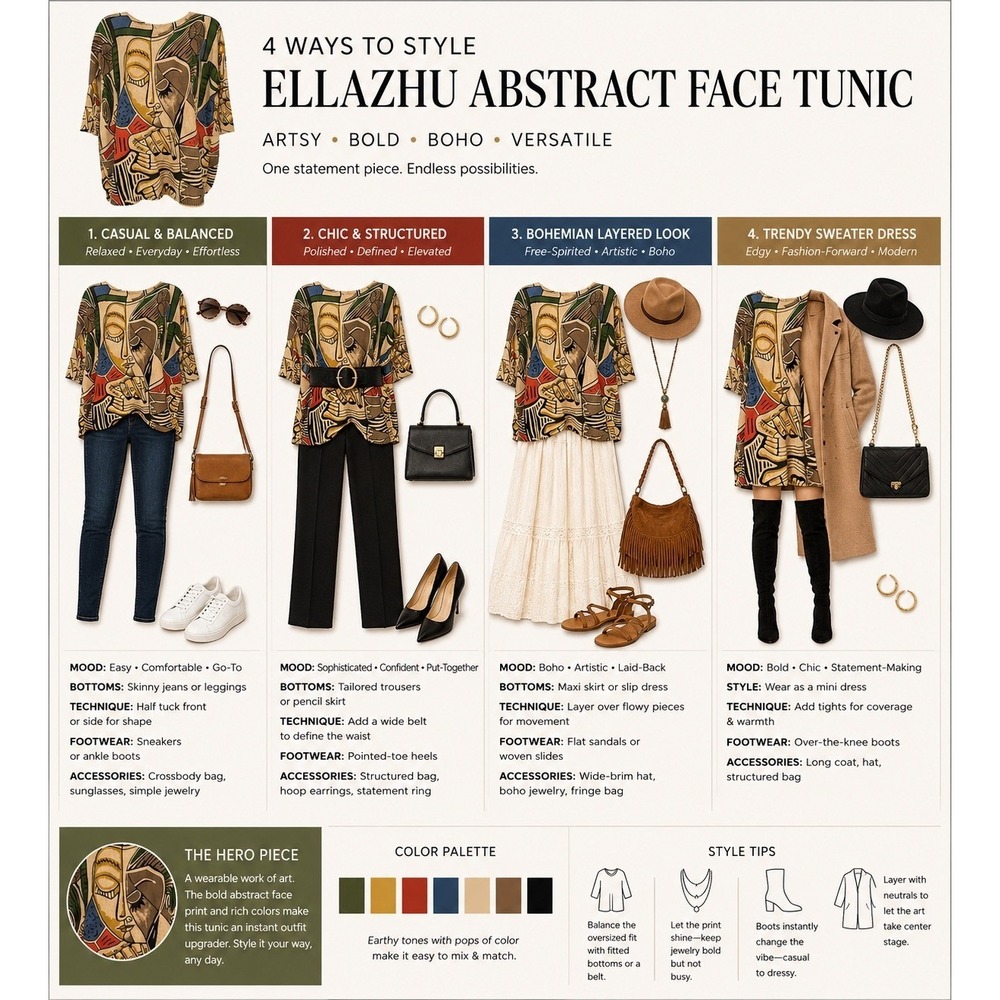 Ellazhu One Size Art To Wear Abstract Face Sweater Tunic Boho Art